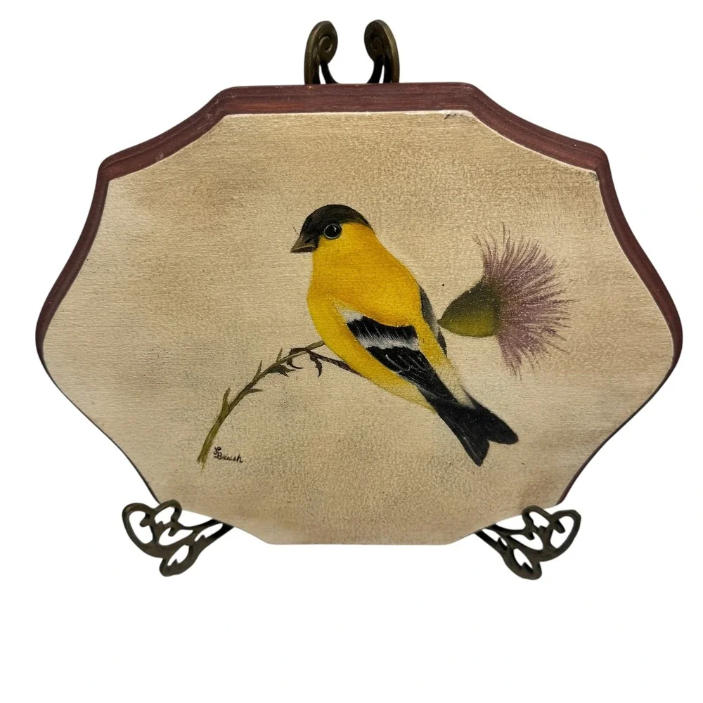 Hand Painted American Goldfinch Bird on Thistle Signed Wood Plaque Art Decor